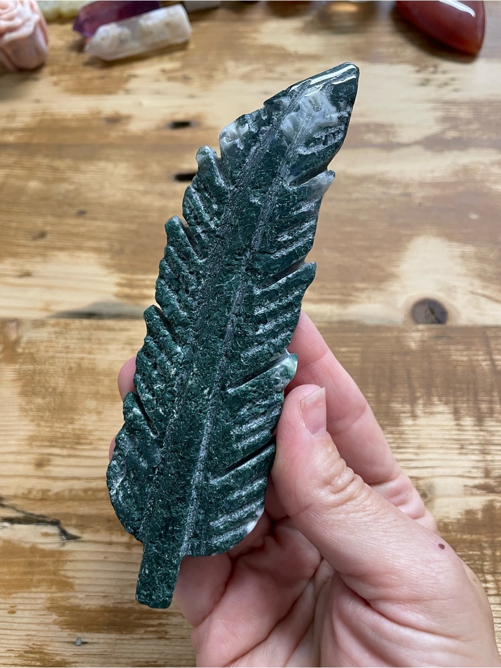 Green moss agate crystal Carved Stone Feather